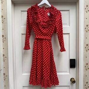 1960s Victor Costa I Magnin Red Polka Dot Ruffled Belted Dress Spring Picnic